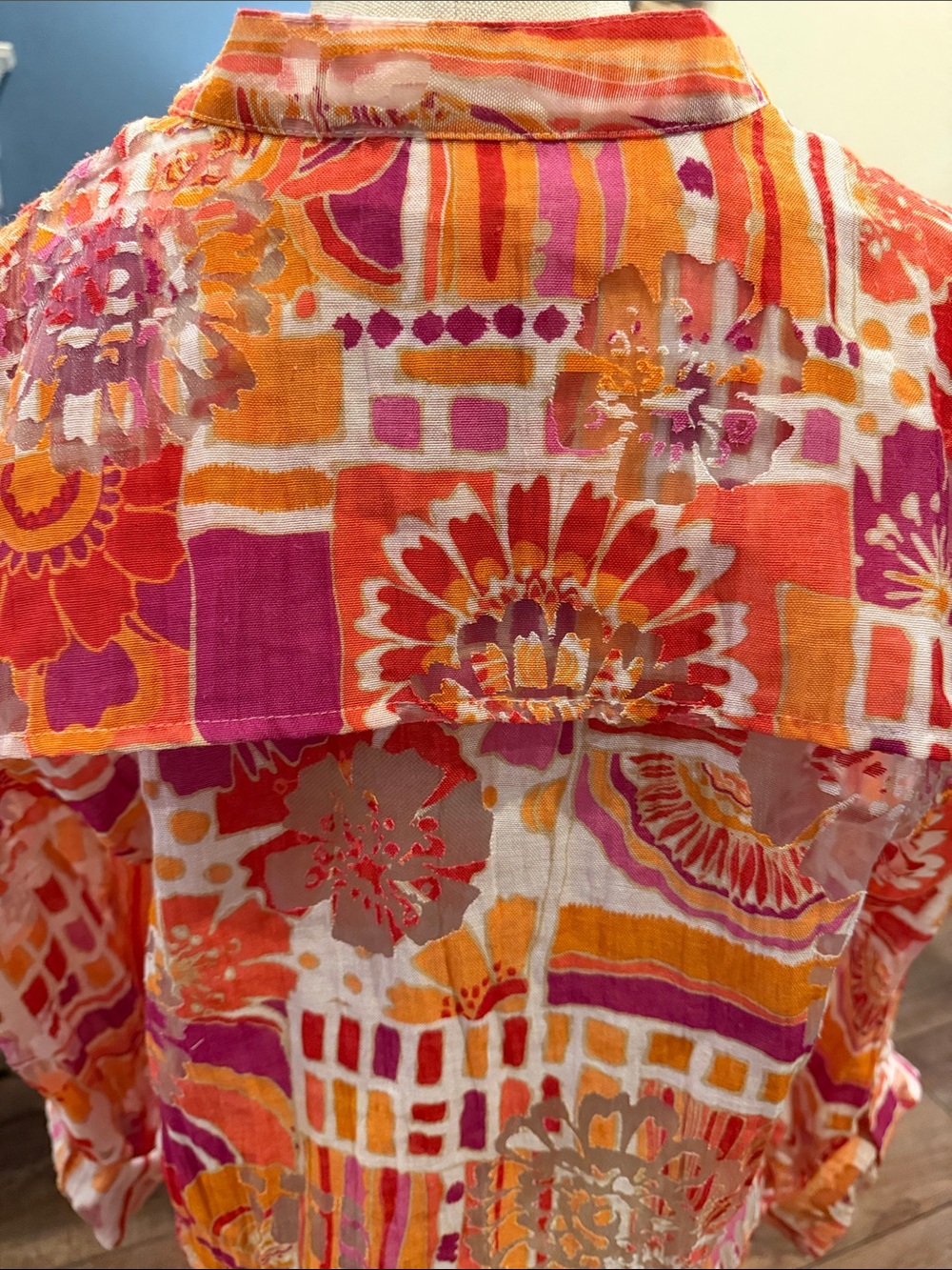 Ruby Rd. Vibrant Orange & Pink Patterned Button-Up Blouse - Picture 7 of 9